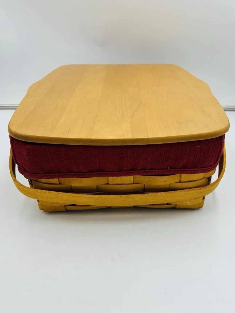 Longaberger Hostess Basket Two Handles Wooden Lid Red Fabric Plastic Liner 2002